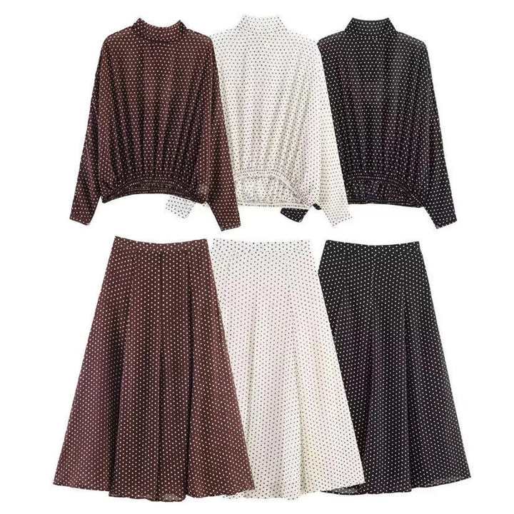 Women's Two-Piece Polka Dot Set with Stand Collar Blouse and Flared Midi Skirt Mune Fashion