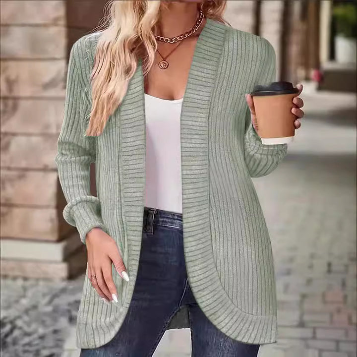 Women Long Open Ribbed Knit Cardigan with Rounded Hem Drune