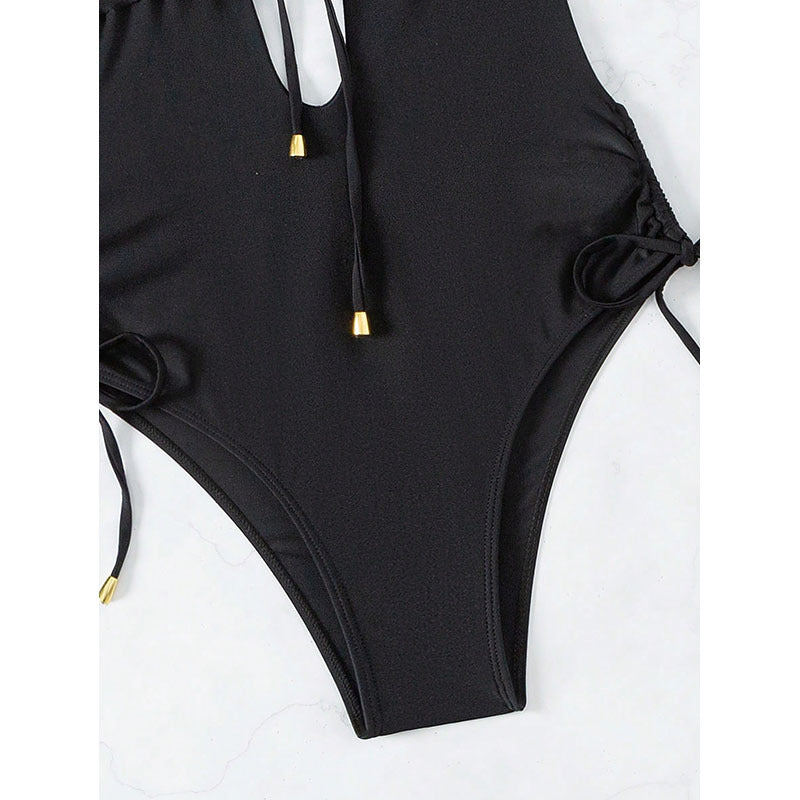 Ladies One-Piece Swimsuit with Deep V-Neck and Side Lacing Details Mune Fashion