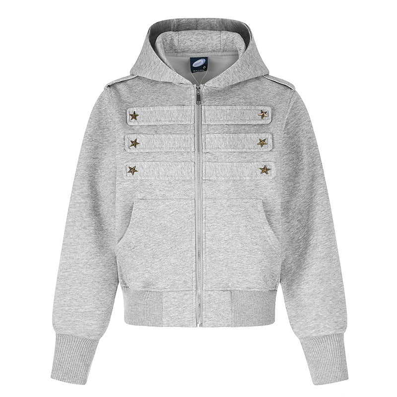 Women's cropped hooded sweatshirt jacket in military camo with decorative star strap details Mune Fashion