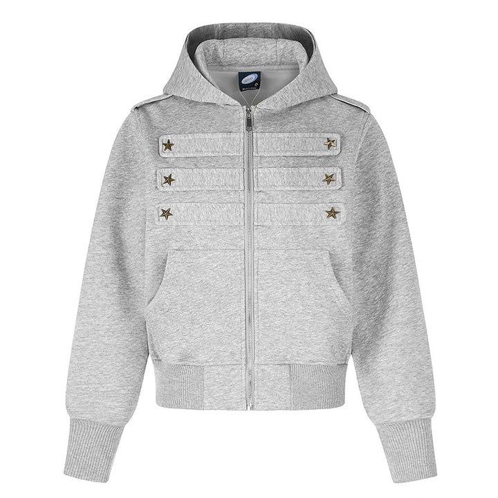 Women's cropped hooded sweatshirt jacket in military camo with decorative star strap details Mune Fashion