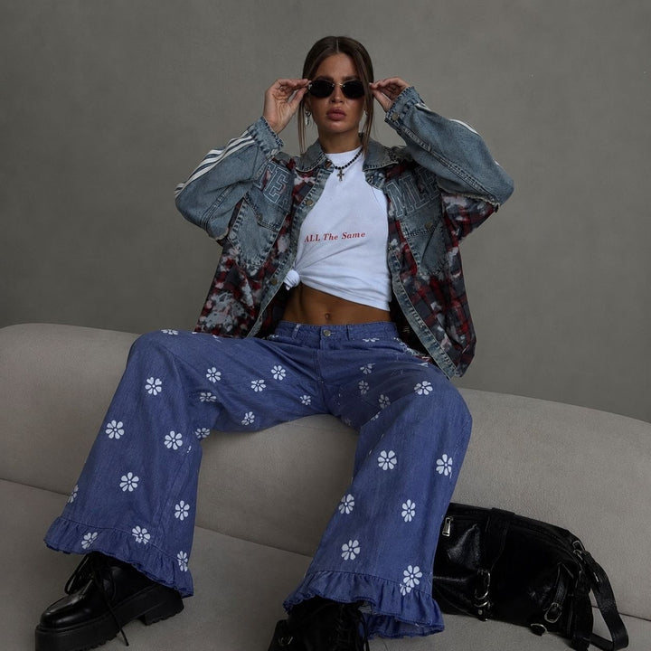 Women's wide denim pants with daisy print, high waist and ruffled hem Mune Fashion