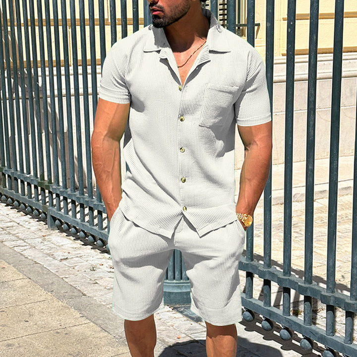 Men's casual two-piece leisure set made of ribbed jersey with shirt collar button placket and shorts Mune Fashion