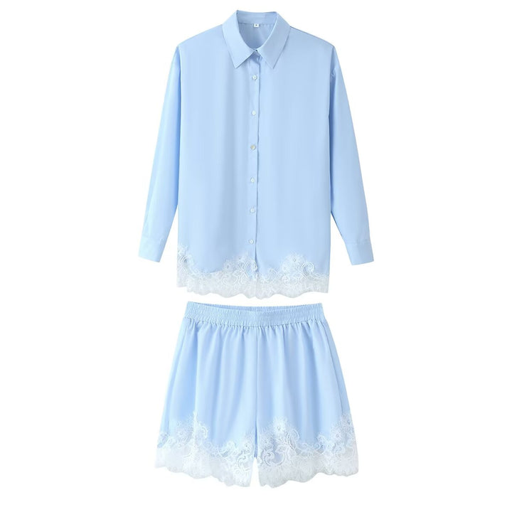 Women's two-piece satin pajama set with shirt blouse, elastic waistband shorts, and lace trim Mune Fashion