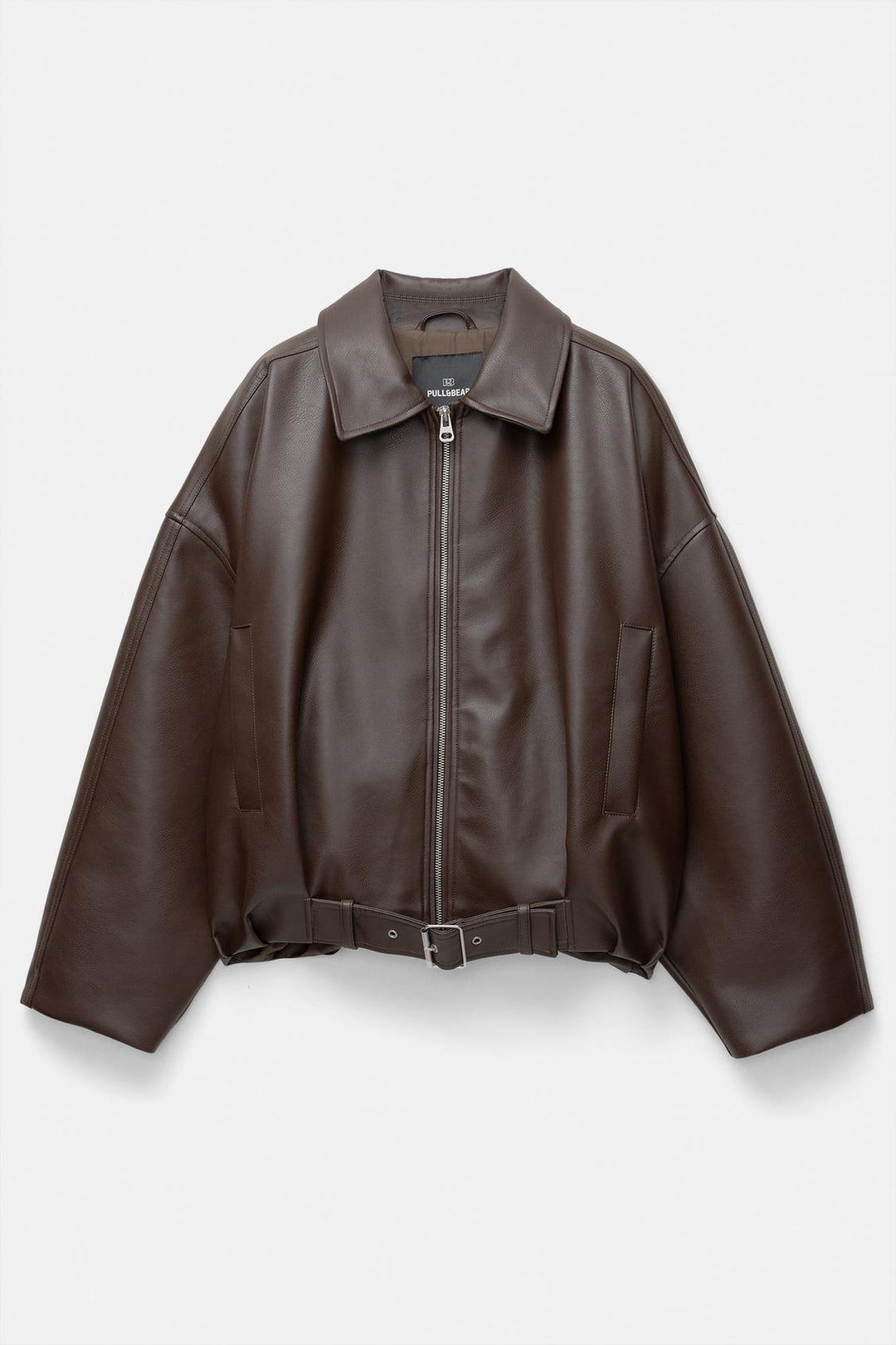 Women's short cut faux leather jacket with full zipper and figure-hugging belt Mune Fashion