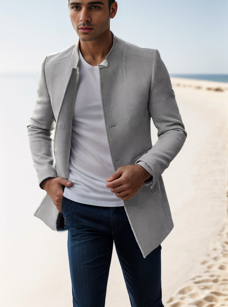 Men's Stand-Up Collar Longline Coat in Slim Fit with Hidden Button Placket Mune Fashion