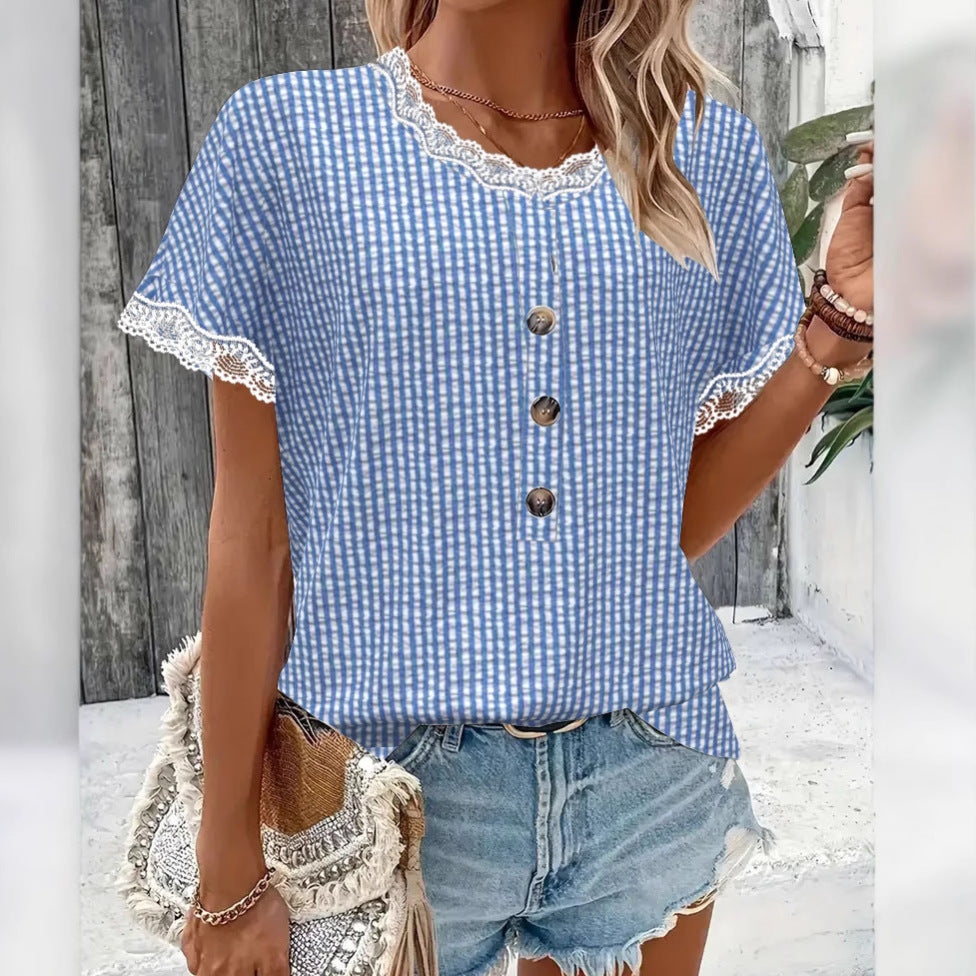 Women's short-sleeved Vichy check blouse with lace trim and decorative button placket Mune Fashion