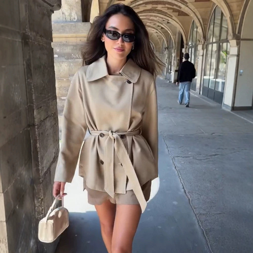 Women Tailored Short Jacket with Belt and Dropped Sleeves Mune Fashion