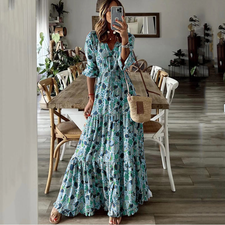 Women’s maxi dress with floral print, V-neck, tiered ruffle and drawstring waist Mune Fashion