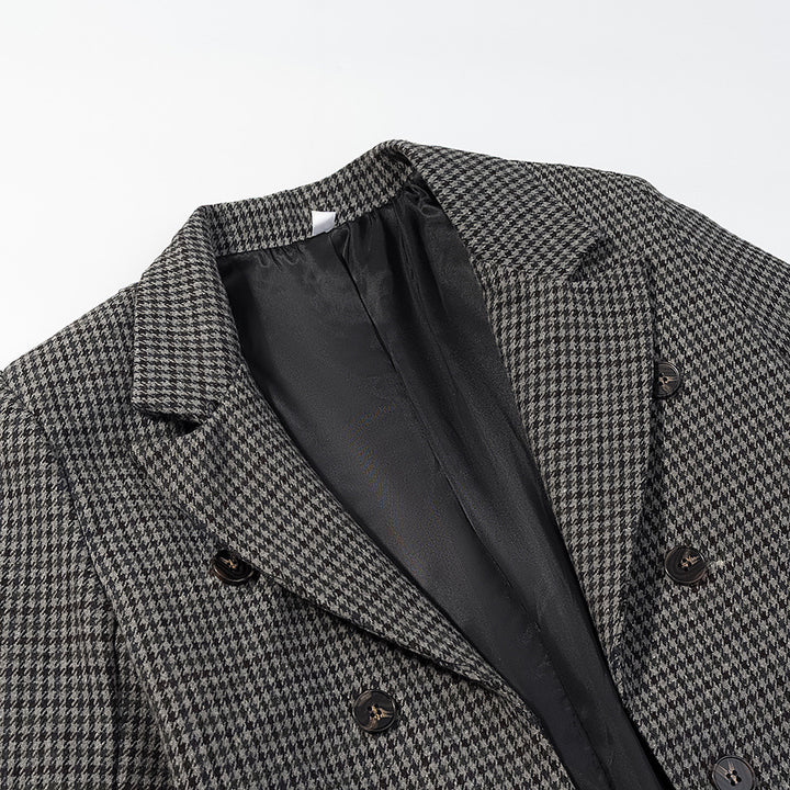Women's Double-Breasted Houndstooth Blazer with Asymmetrical Tail Hem Mune Fashion