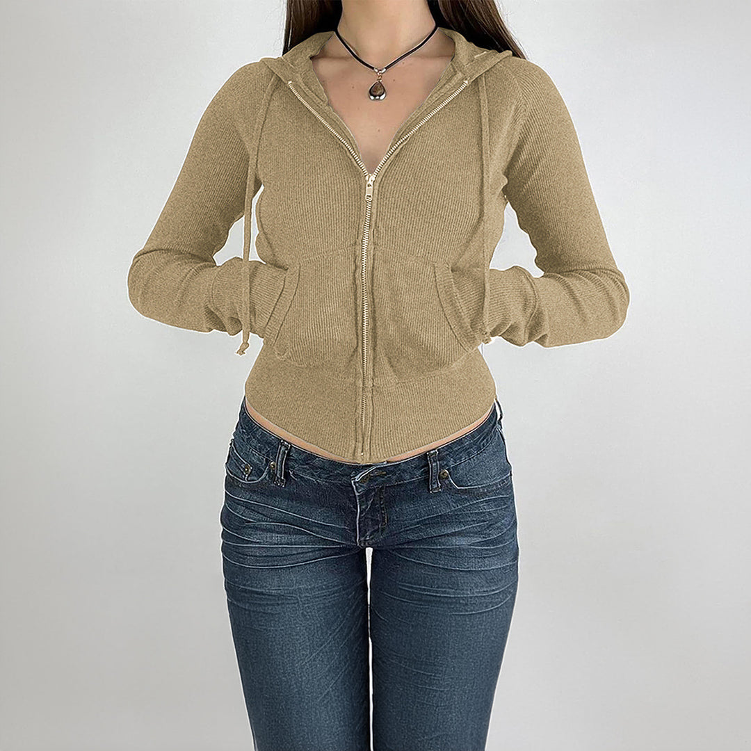 Women’s narrow cut fine knit hoodie jacket with metal zipper, kangaroo pockets and thumb hole cuffs Mune Fashion