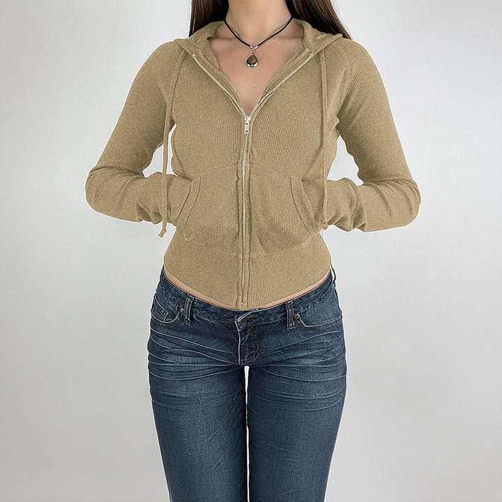 Women’s narrow cut fine knit hoodie jacket with metal zipper, kangaroo pockets and thumb hole cuffs Mune Fashion