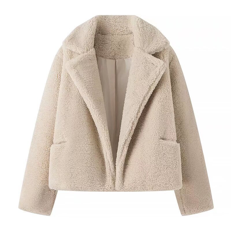 Women's Short Cropped Teddy Boxy Jacket with Shawl Collar and Practical Insert Pockets Mune Fashion