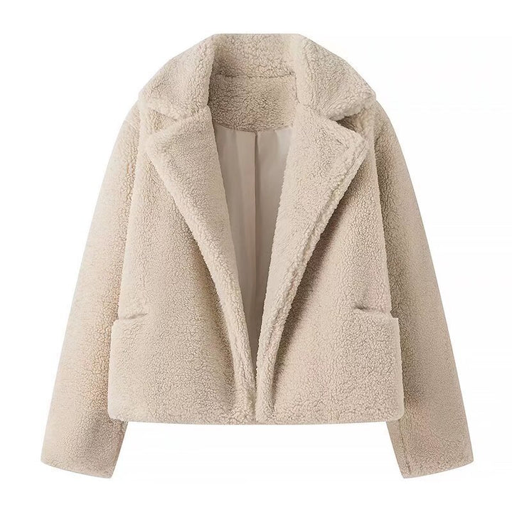 Women's Short Cropped Teddy Boxy Jacket with Shawl Collar and Practical Insert Pockets Mune Fashion