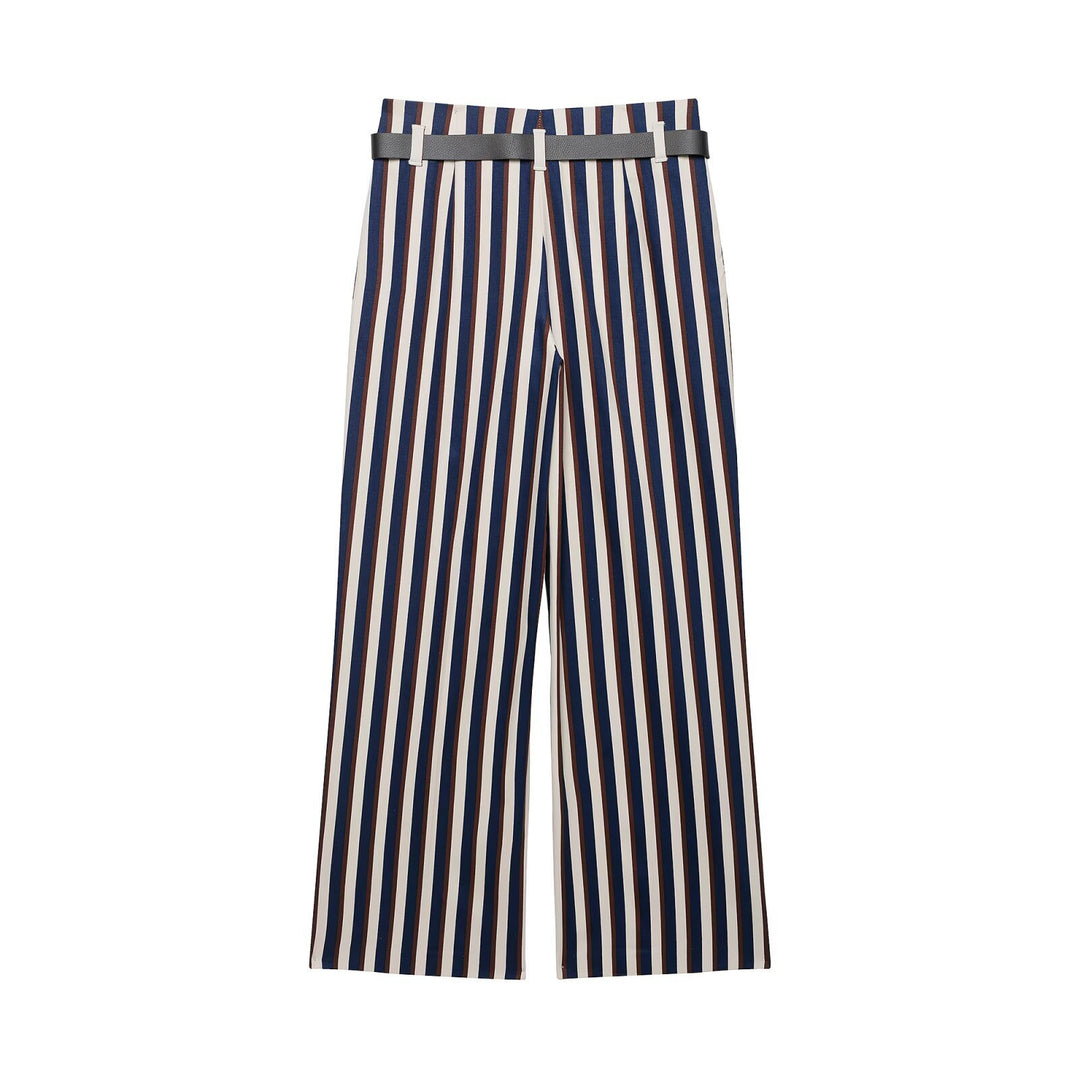 Women's Wide High-Waist Culotte Pants with Vertical Stripe Pattern and Decorative Belt Drune