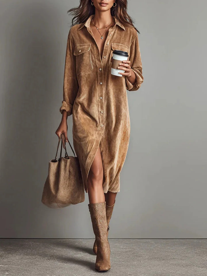 Women's shirt dress made of corduroy with breast pockets, button placket and slit Mune Fashion