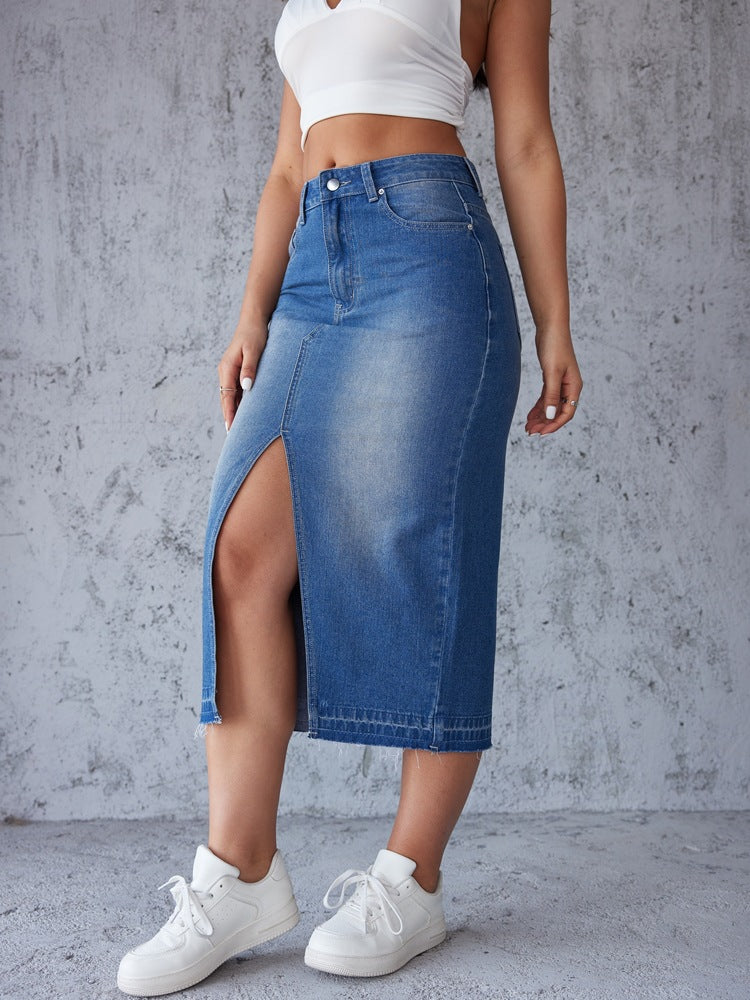 Ladies nan figure-hugging high-waist denim pencil skirt with front thigh slit and raw hem Mune Fashion