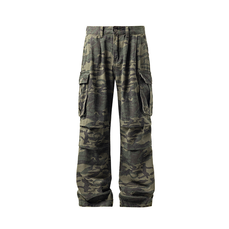 Men's Loose Camouflage Cargo Pants with Drop Crotch, Multi-Pockets and Elastic Waistband Mune Fashion
