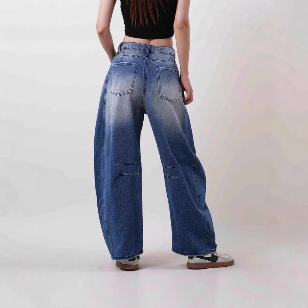 Women nan Baggy Jeans with high waistband, visible seam panels and distressed knee areas Mune Fashion