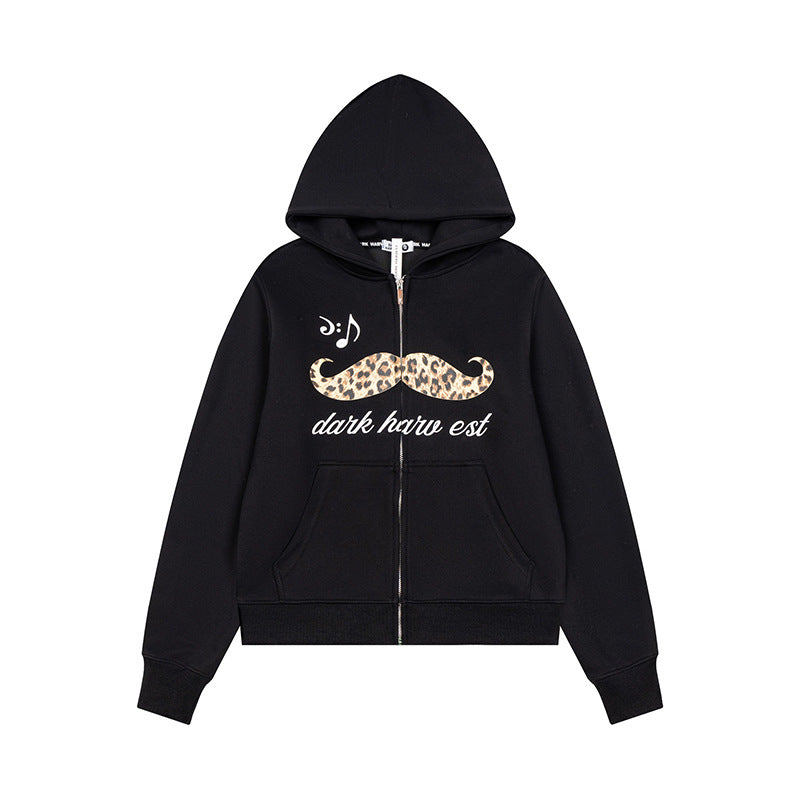 Women's hooded sweatshirt jacket with full zip, kangaroo pockets and playful leopard mustache print Mune Fashion