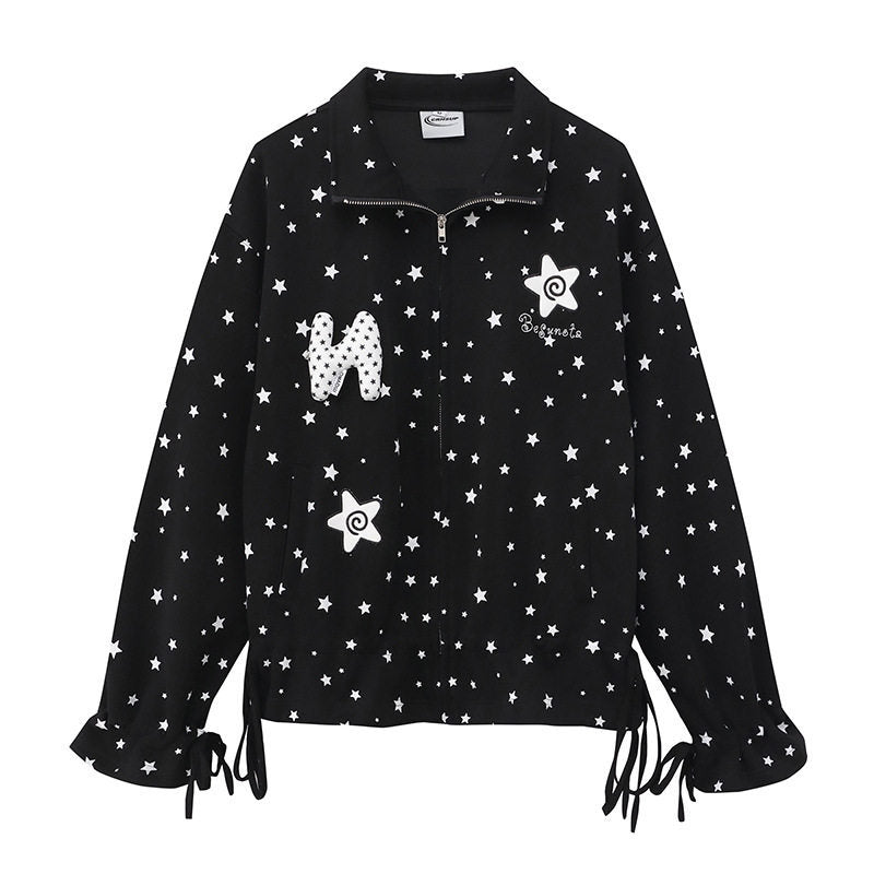 Women's lightweight stand collar sweat jacket with all-over stars, appliques and drawstring Mune Fashion