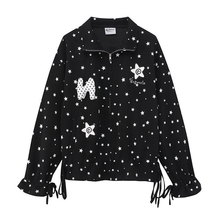 Women's lightweight stand collar sweat jacket with all-over stars, appliques and drawstring Mune Fashion