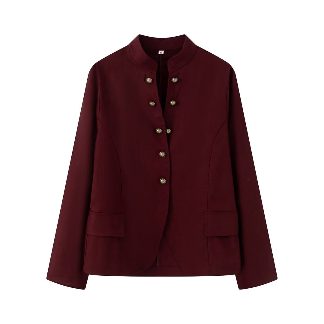 Women Elegant Short Jacket with Standing Collar, Decorative Toggle Buttons and Flap Pockets Drune
