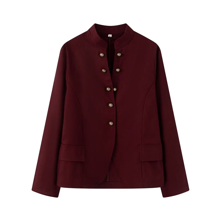 Women Elegant Short Jacket with Standing Collar, Decorative Toggle Buttons and Flap Pockets Drune