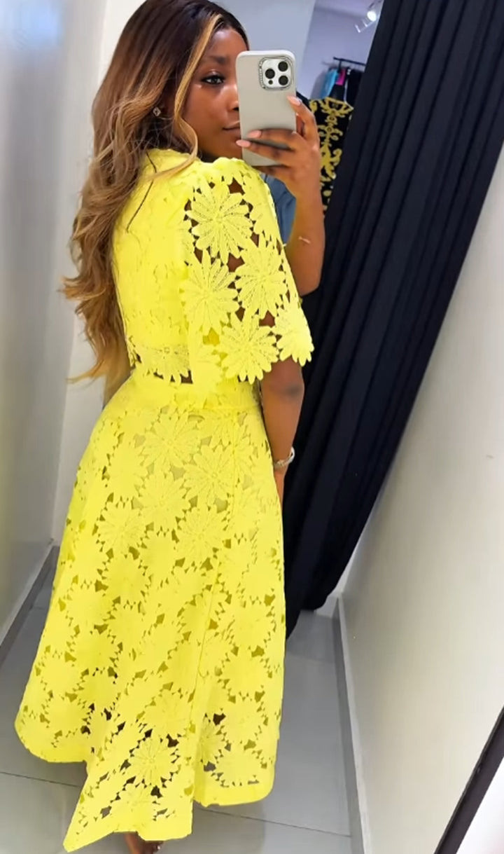 Ladies two-piece guipure lace set with cropped blouse and flared midi skirt Mune Fashion