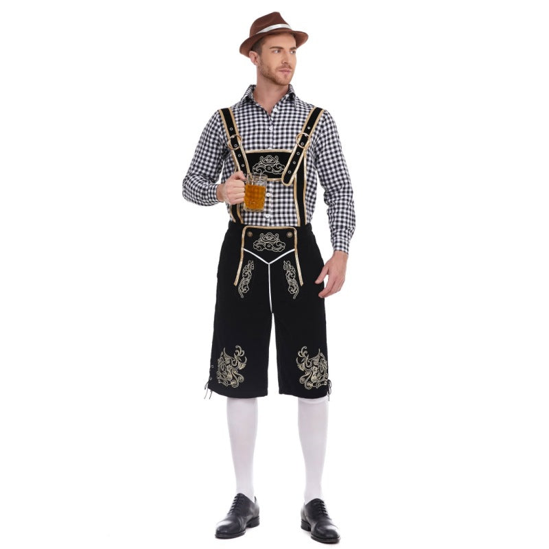 Men's faux-felt leather knee-length pants with baroque embroidery, adjustable straps, and decorative rivets Mune Fashion