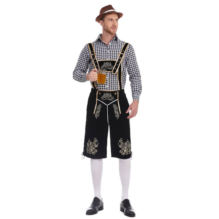 Men's faux-felt leather knee-length pants with baroque embroidery, adjustable straps, and decorative rivets Mune Fashion