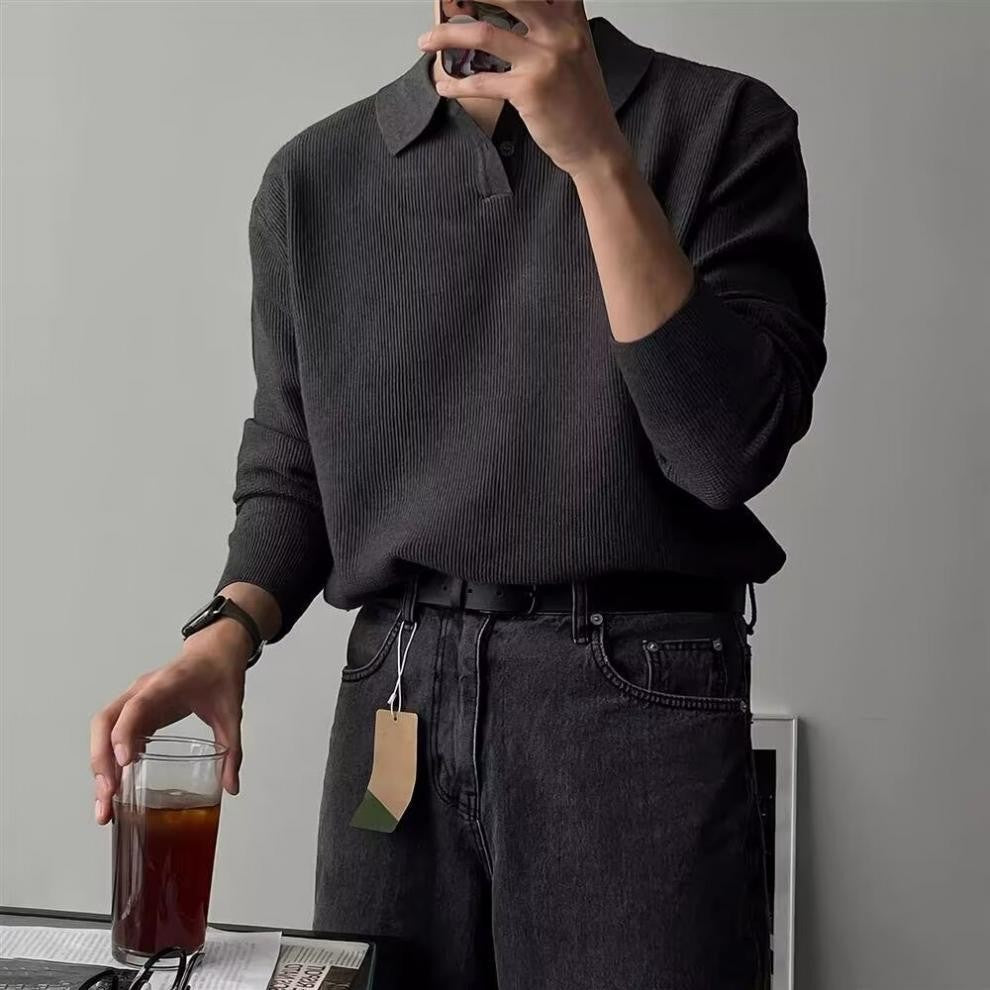 Men Elegant Long Sleeve Polo Sweater with Ribbed Structure Mune Fashion