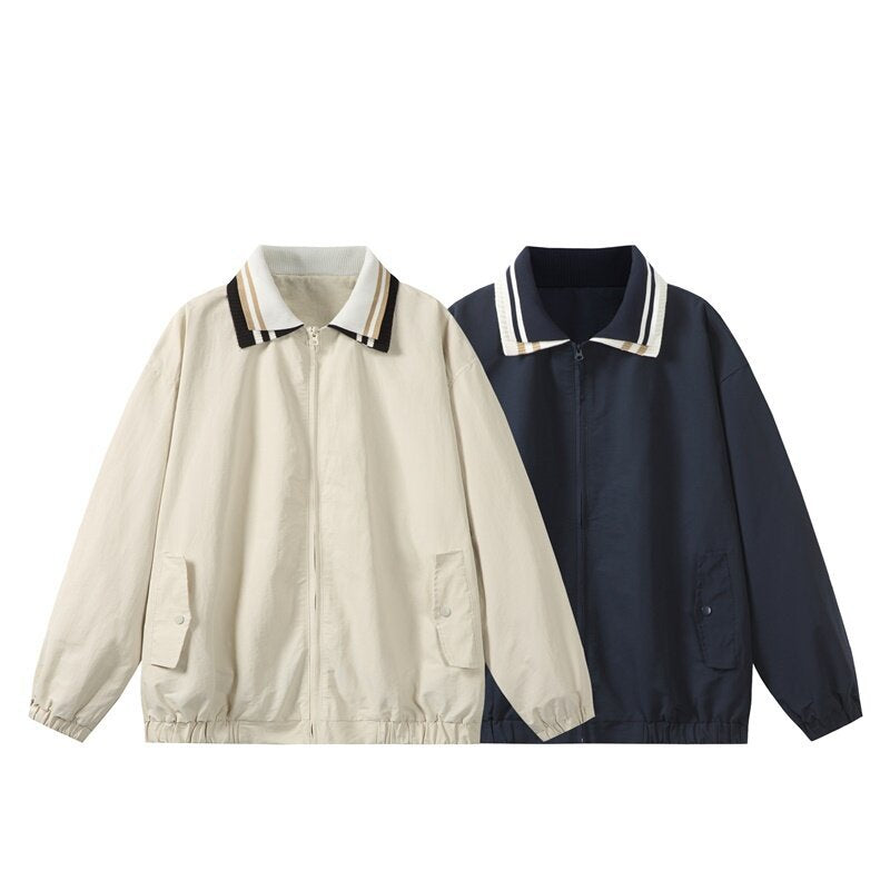 Men's Lightweight Harrington-Style Bomber Jacket with Striped Ribbed Collar and Snap Button Pockets Mune Fashion