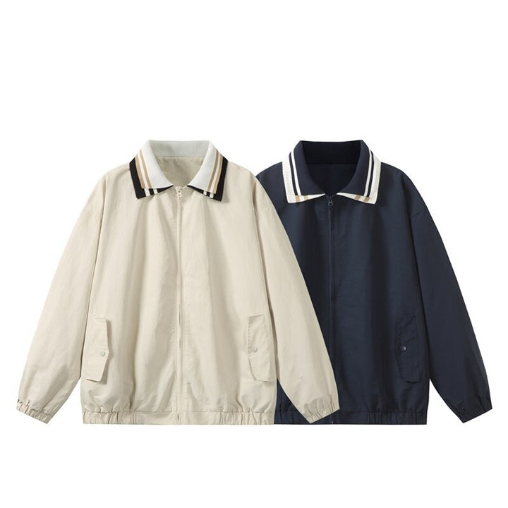 Men's Lightweight Harrington-Style Bomber Jacket with Striped Ribbed Collar and Snap Button Pockets Mune Fashion
