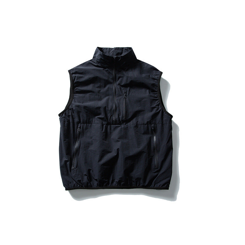 Men's Technical Utility Vest with High Stand Collar, Half Zipper and Weather-Resistant Pockets Mune Fashion