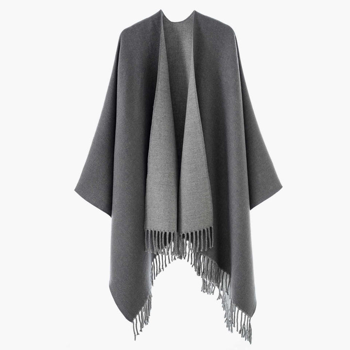 Women's Reversible Wool Blend Poncho with Fringe Hem and Open Front Mune Fashion