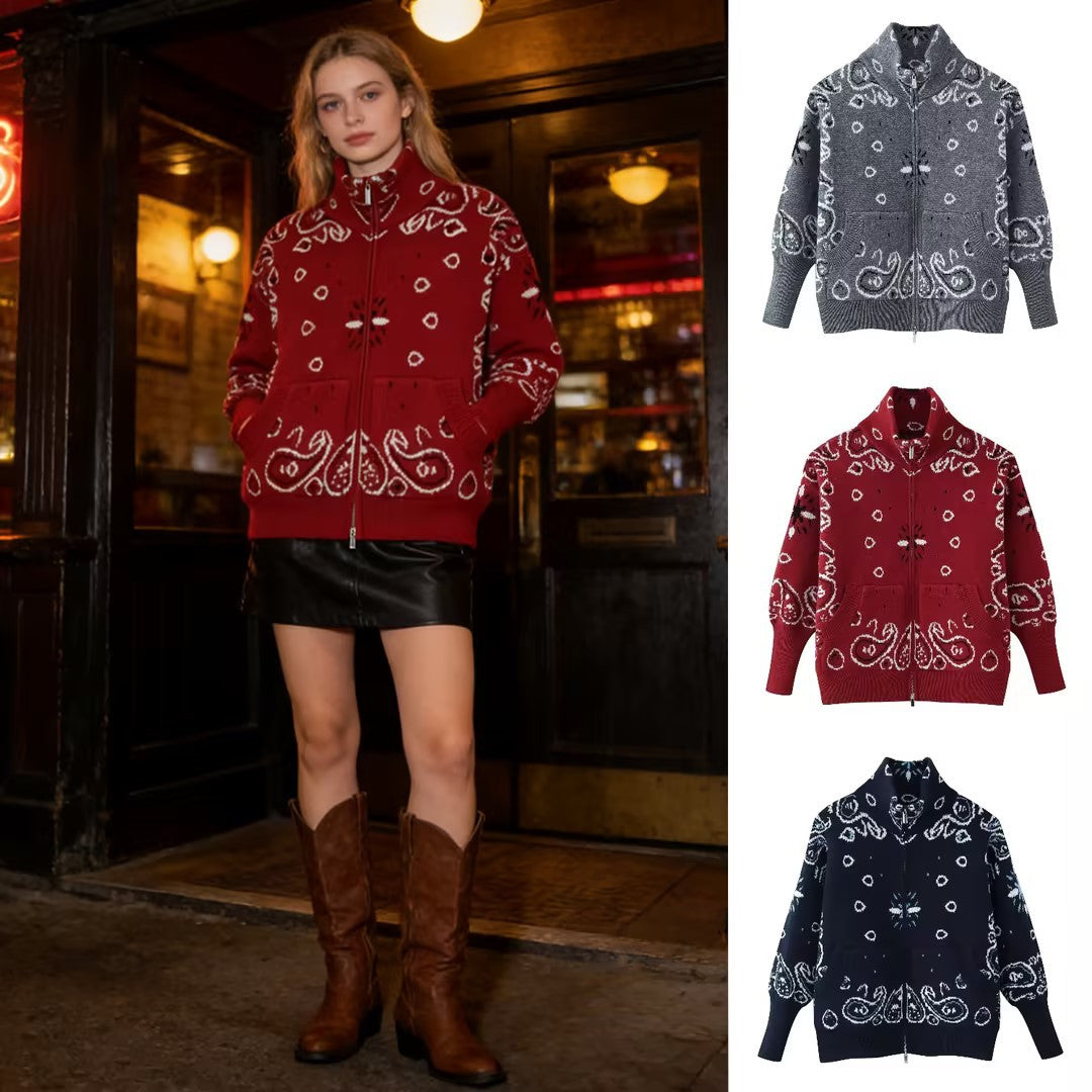 Women's chunky knit zip cardigan with stand-up collar and paisley jacquard Mune Fashion