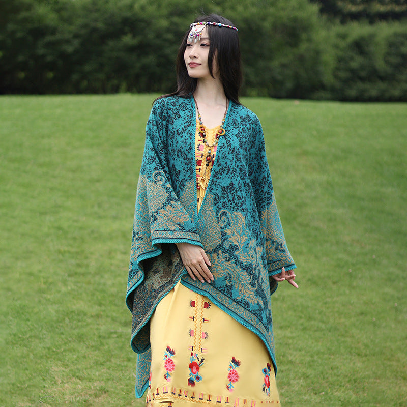 Women's Jacquard Ruana with floral border and open oversized cut Mune Fashion