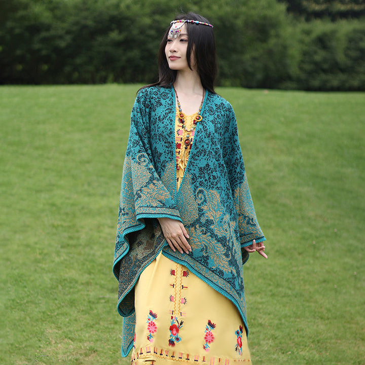 Women's Jacquard Ruana with floral border and open oversized cut Mune Fashion