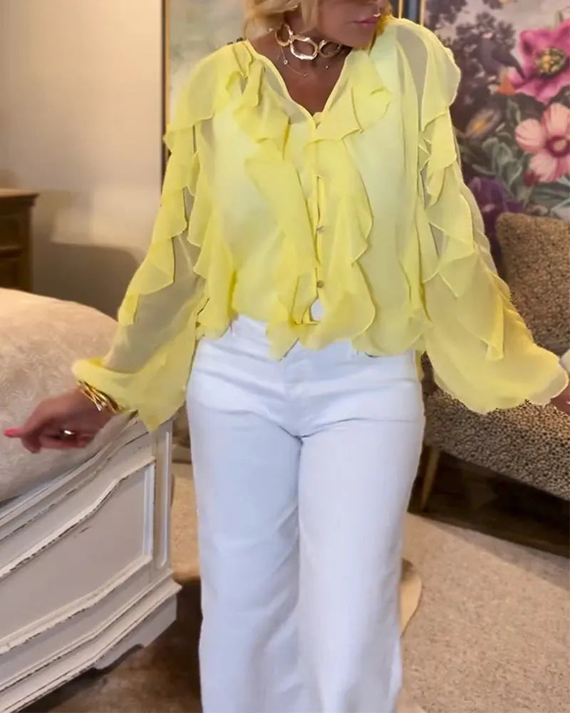 Women's semi-transparent layered ruffle blouse made of chiffon with balloon sleeves and hidden button placket Mune Fashion
