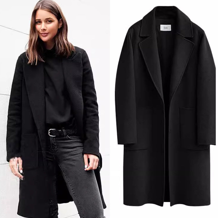 Women Longline Wool Blend Coat with Oversized Lapel and Patch Pockets Mune Fashion