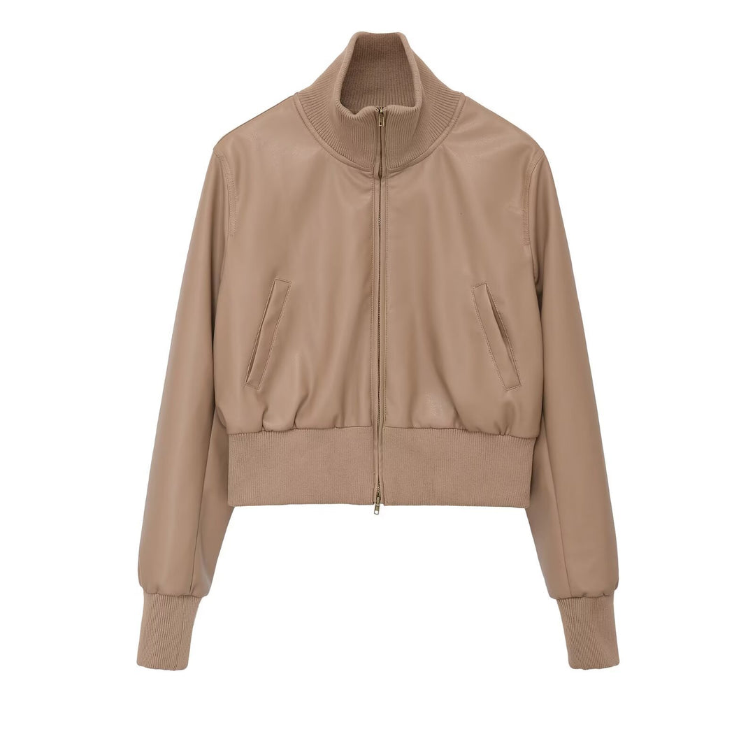 Women's short jacket in leather look with high structured collar and fitted ribbed waistband Mune Fashion