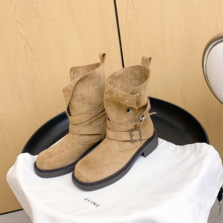 Women's Short Shaft Biker Boot made of Suede with Adjustable Buckles and Distinctive Block Heel Mune Fashion