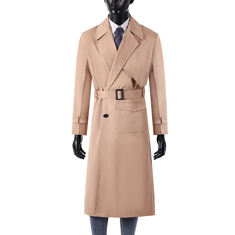 Men's long coat in trench coat style with storm flap, asymmetrical pockets and classic lapel Mune Fashion