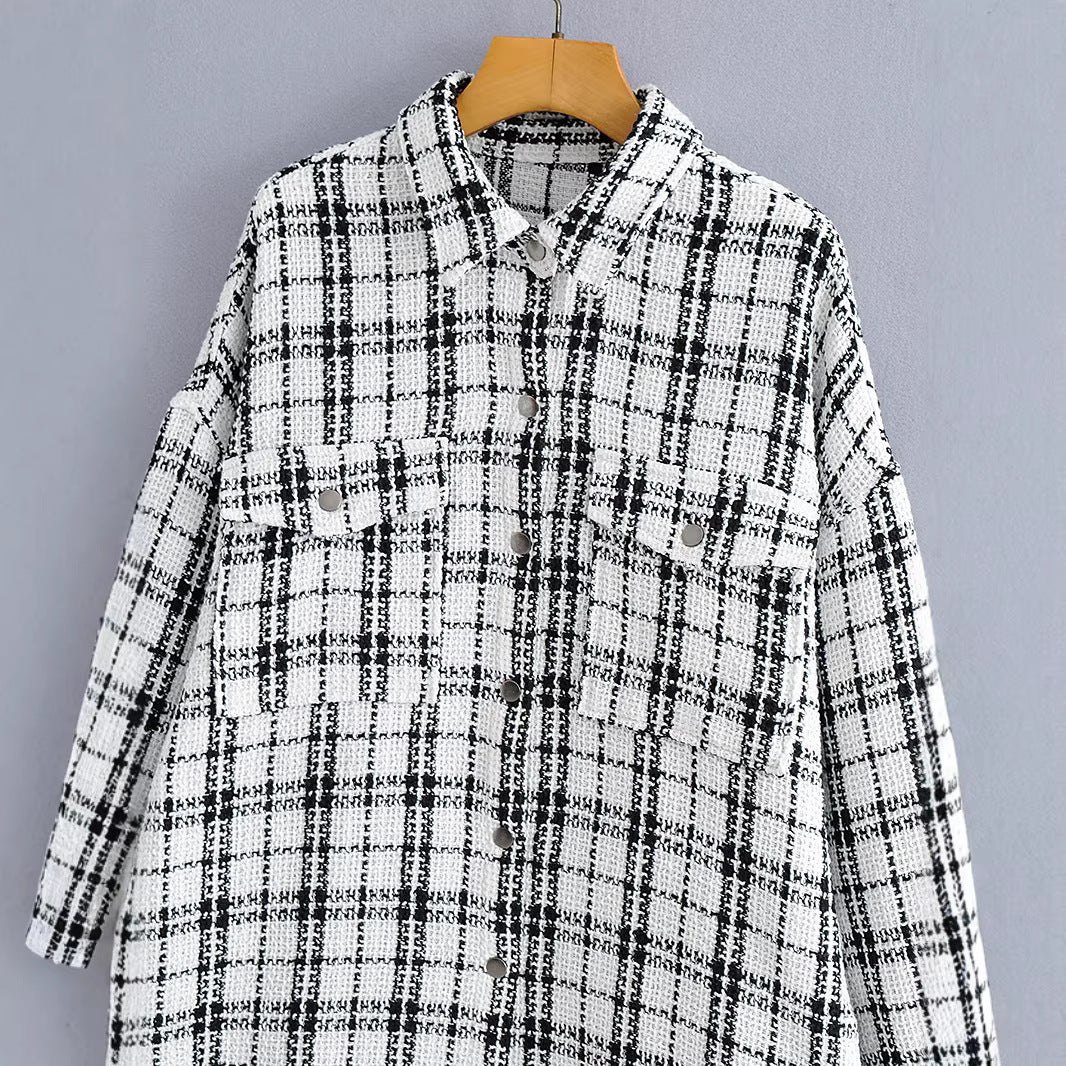 Women's Checked Boucle Shirt Jacket in Oversized Shacket Style with Chest Pockets Mune Fashion