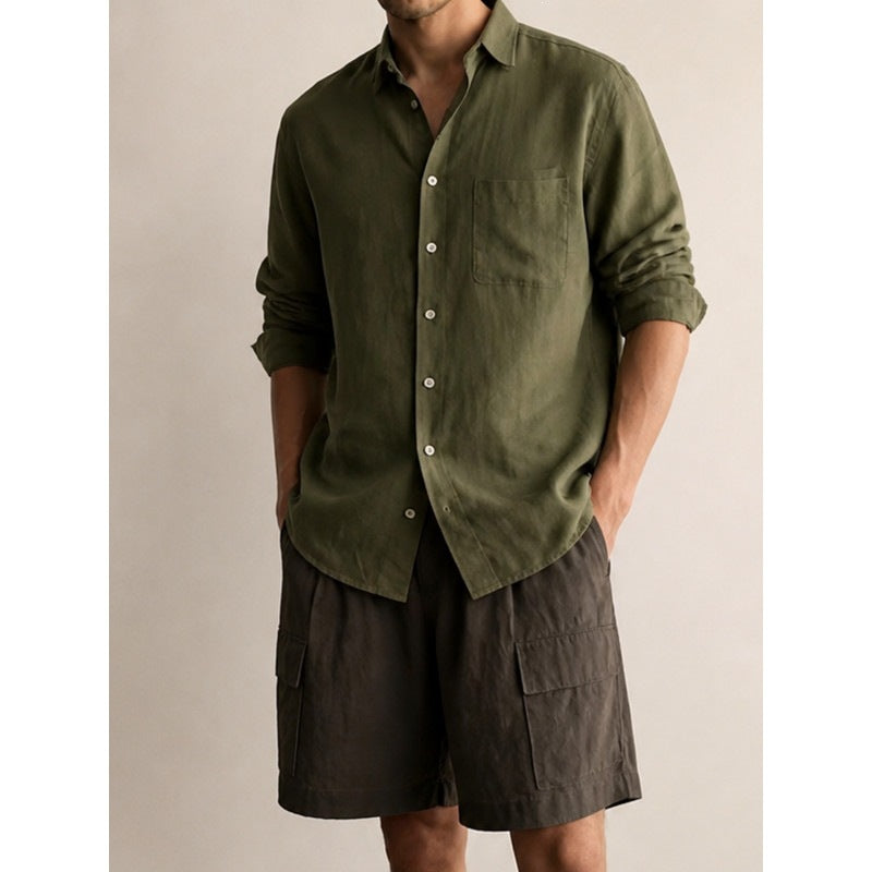 Men's Lightweight Linen-Cotton Shirt with Chest Pocket and Relaxed Fit Mune Fashion