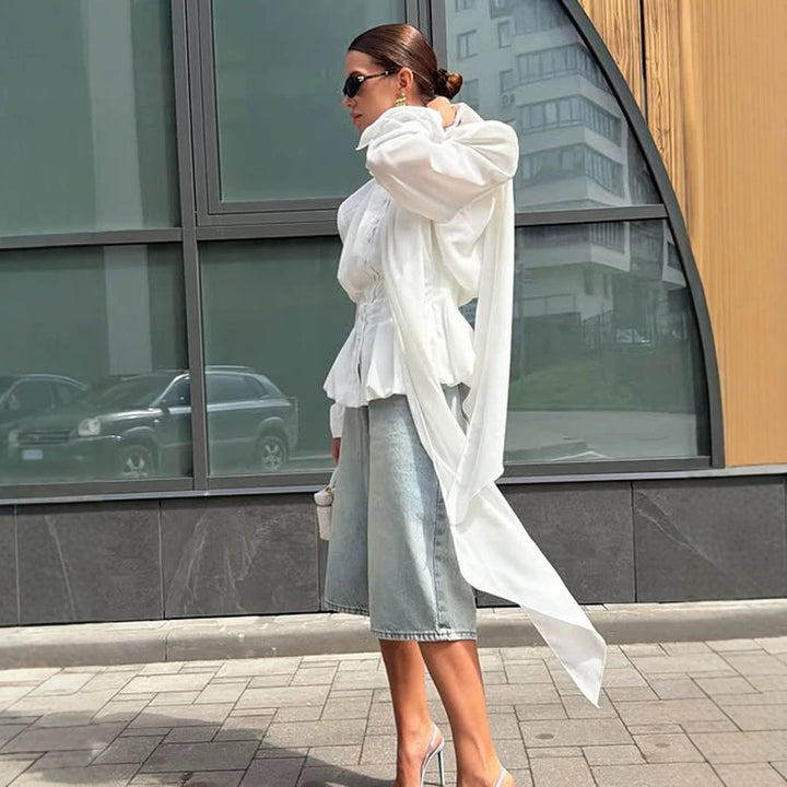 Women's Elegant Blouse with Bow Tie Collar, Emphasized Shoulders, and Long Ties Mune Fashion