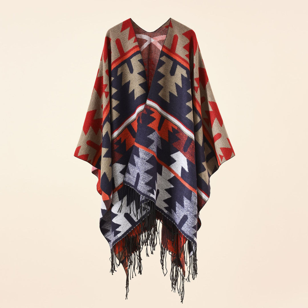 Women Oversize Ruana with V-neck, coarse jacquard pattern and long fringes Mune Fashion