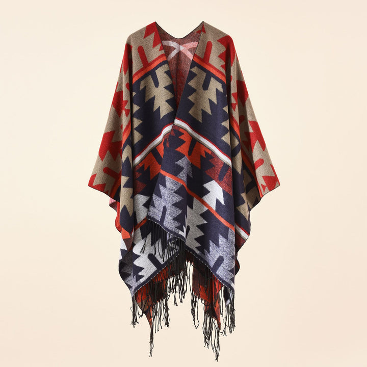 Women Oversize Ruana with V-neck, coarse jacquard pattern and long fringes Mune Fashion