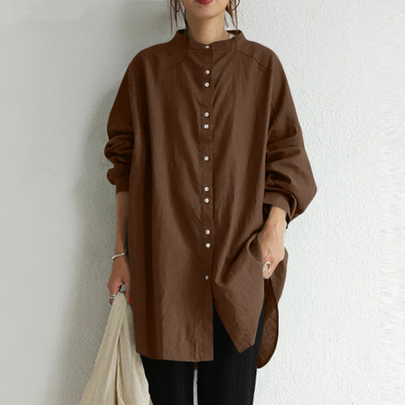 Women's casual oversized tunic blouse with stand-up collar, button placket and side slits Mune Fashion